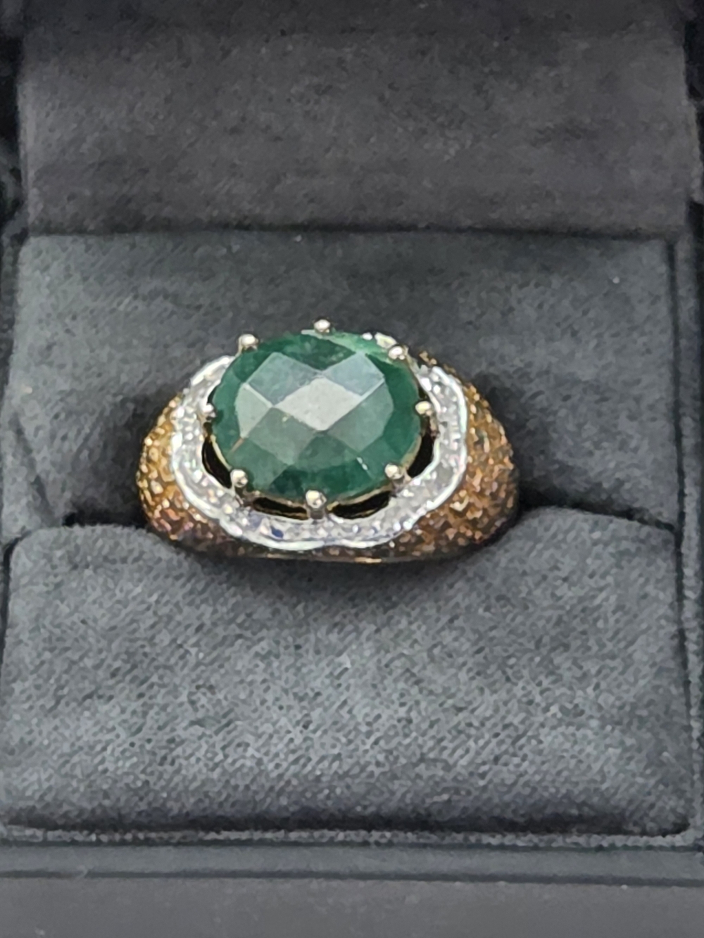Vintage Gold Vermeil Checkered Rose Cut Emerald Colored Statement Ring 925 Sz 8
